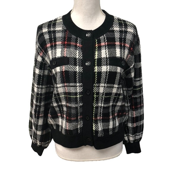 Alice + Olivia Cardigan Sweater Jumper Womens Small Black Plaid Preppy Academia